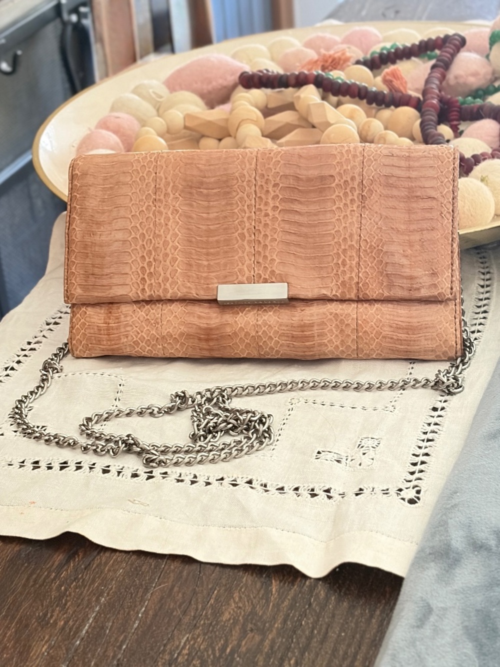 Loeffler Randal Leather Tab Clutch Evening Bag embossed Snakeskin beige leather